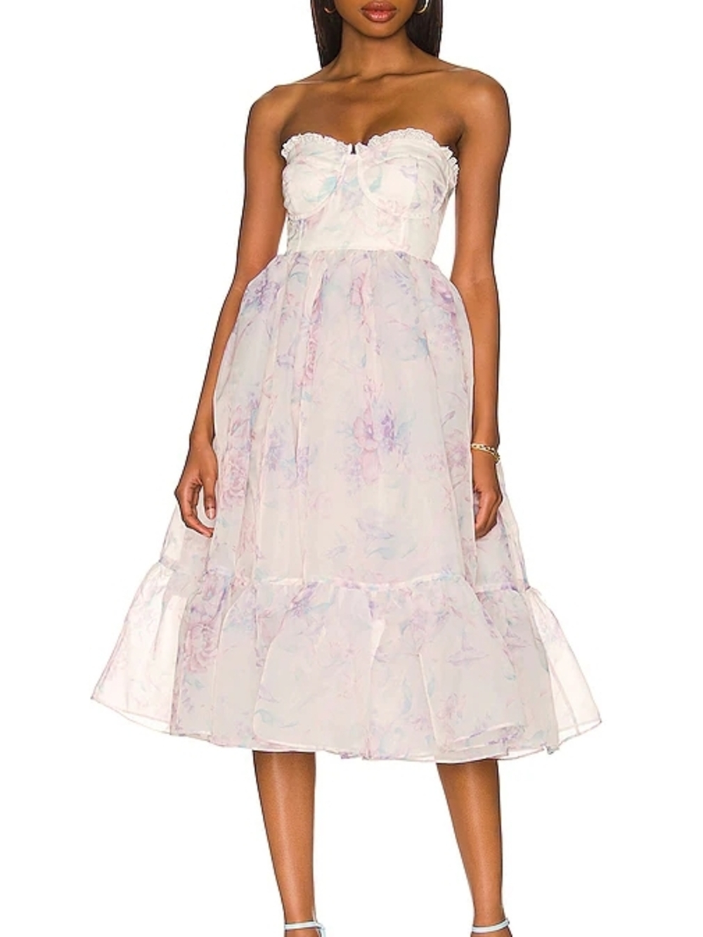 6X Selkie Strapless Pastel Floral Midi Dress in White and Lavender